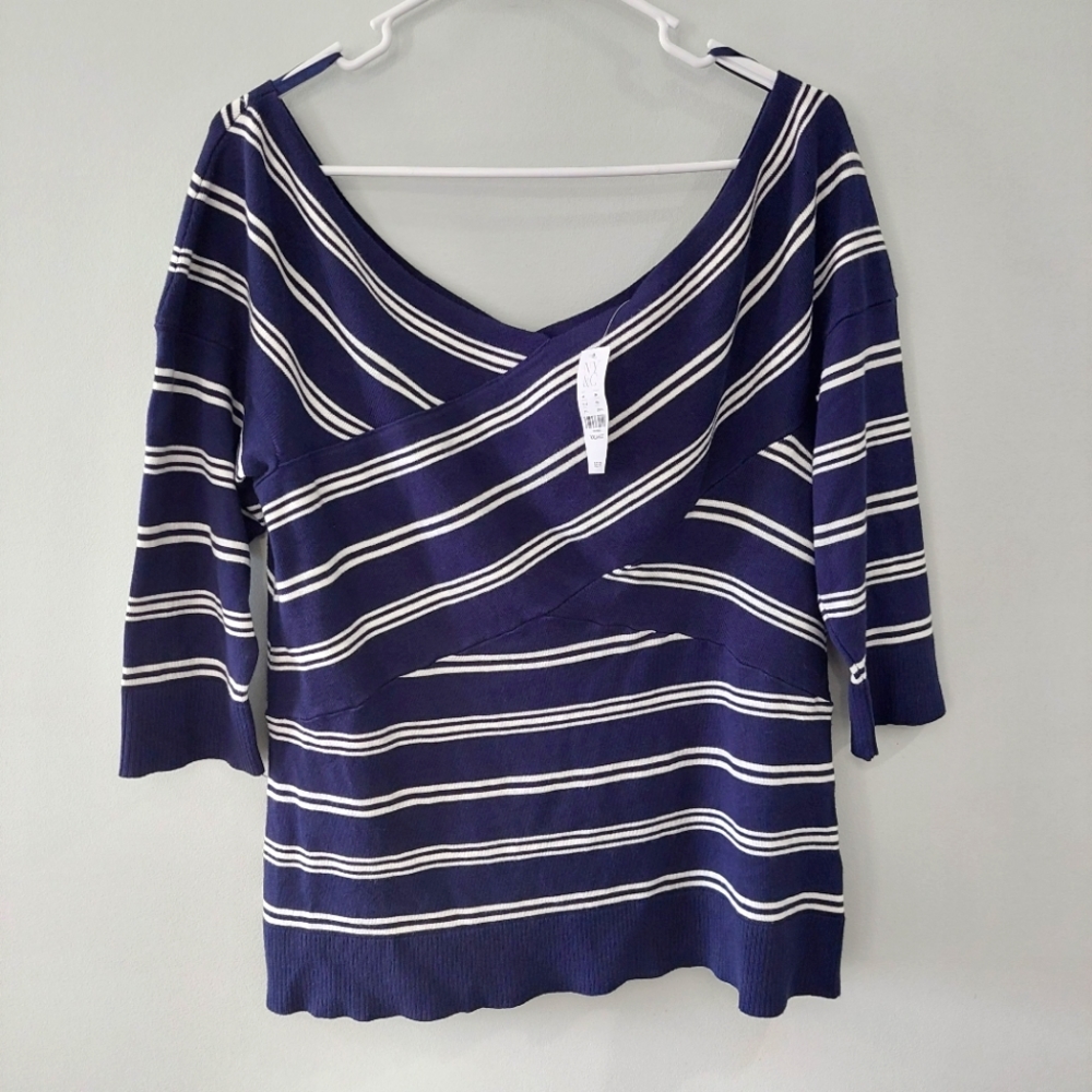 7th Avenue New York & Co. Top XXL navy blue white stripe soft v-neck 1/2 sleeve